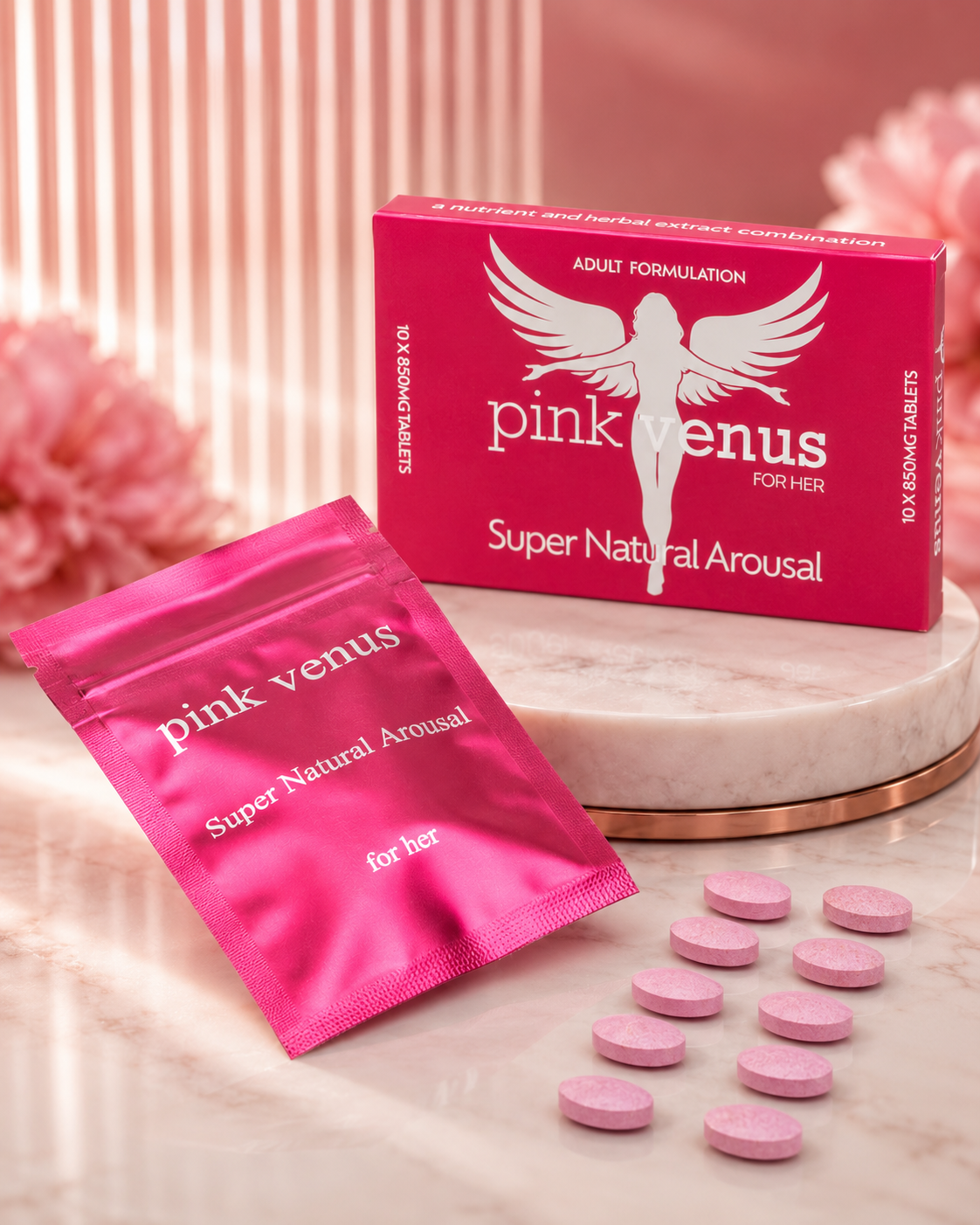 Pink Venus ten-tablet pack with sachet and pink tablets