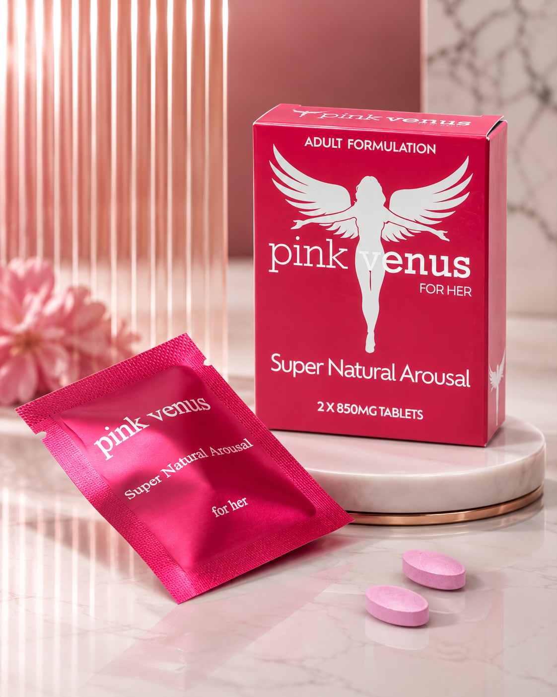 Pink Venus two tablet pack with sachet and two pink tablets